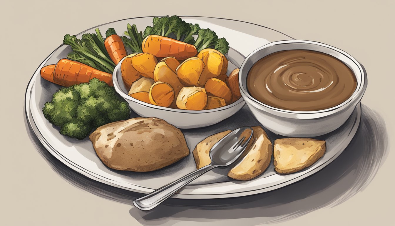 A diabestics-friendly meal with a plate of roasted vegetables and a small bowl of instant gravy mix on the side