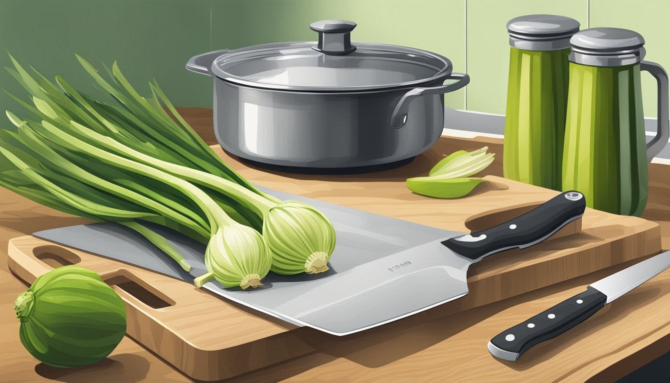 A kitchen counter with fresh leeks, a cutting board, a knife, and various cooking utensils