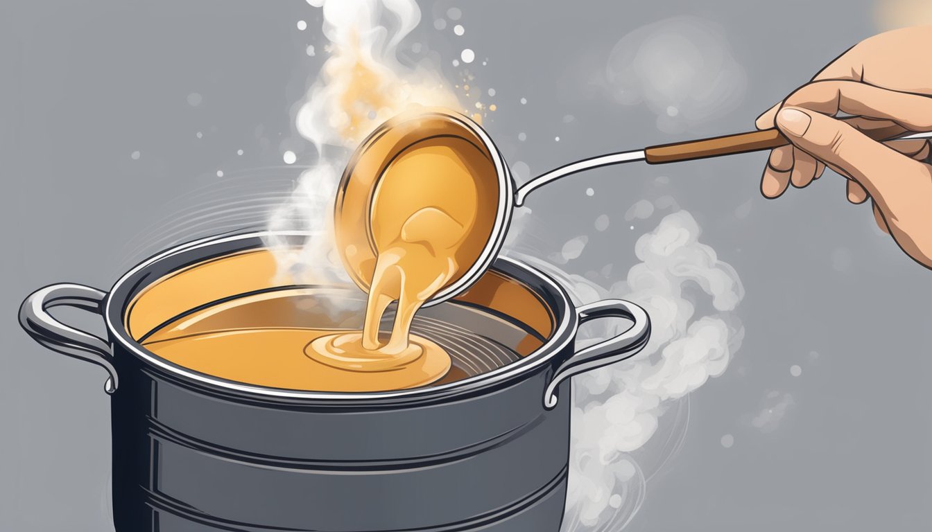 A person pours instant gravy mix into a pot of boiling water, stirring it with a whisk until smooth. Steam rises from the pot