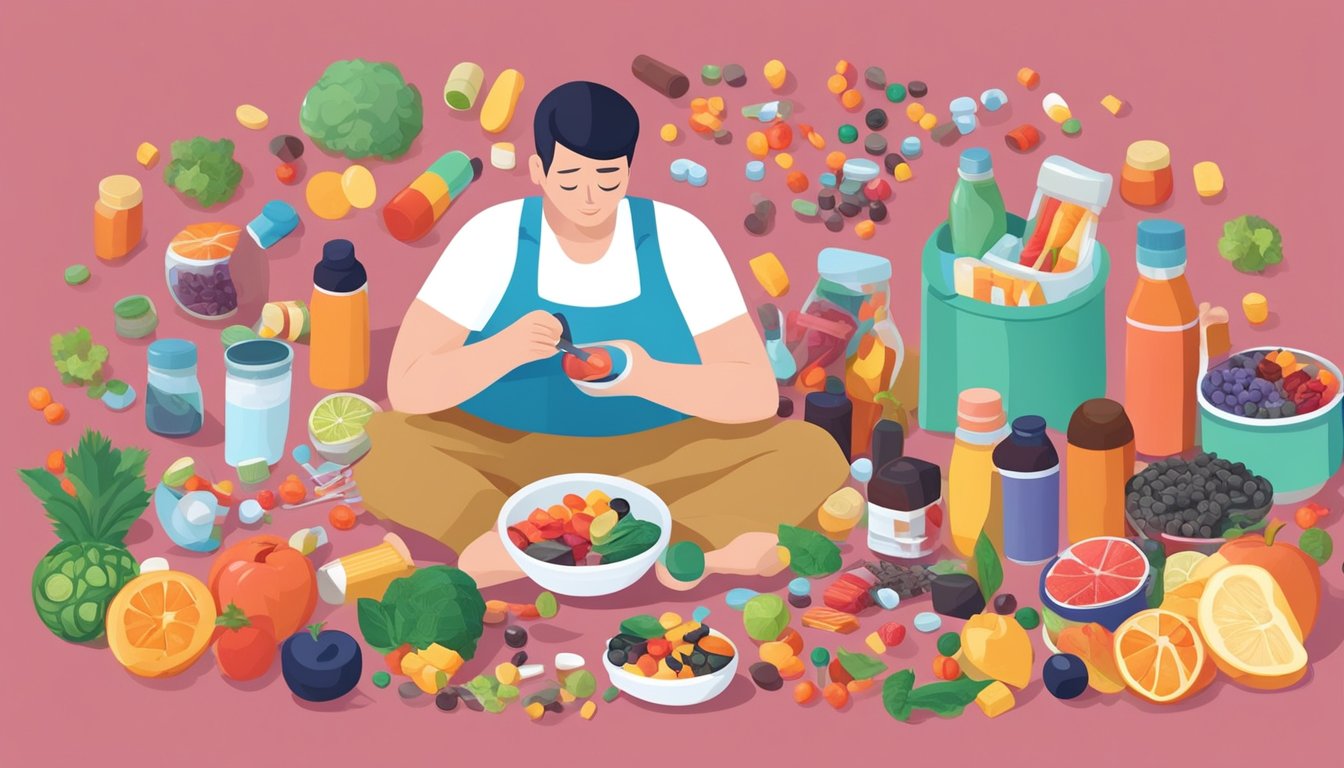 A diabetic person enjoying licorice while surrounded by various health-related objects such as medication, fruits, and vegetables