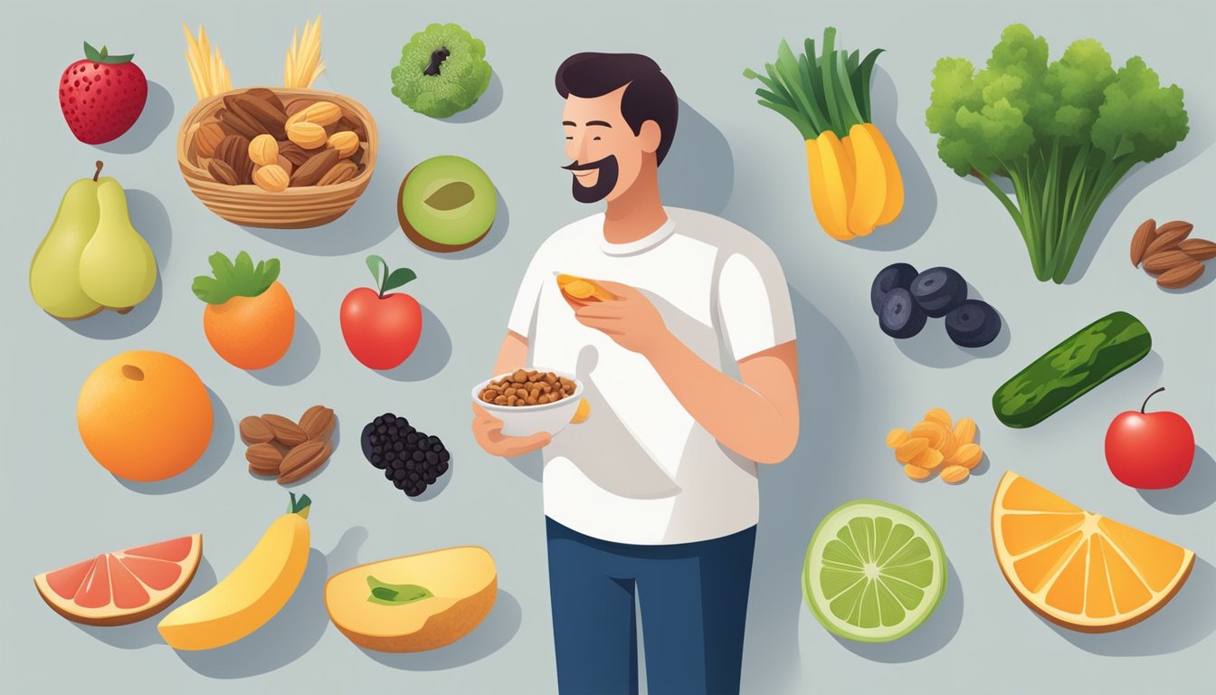 A diabetic person enjoying a variety of healthy snack options, including fruits, vegetables, and nuts, while avoiding licorice