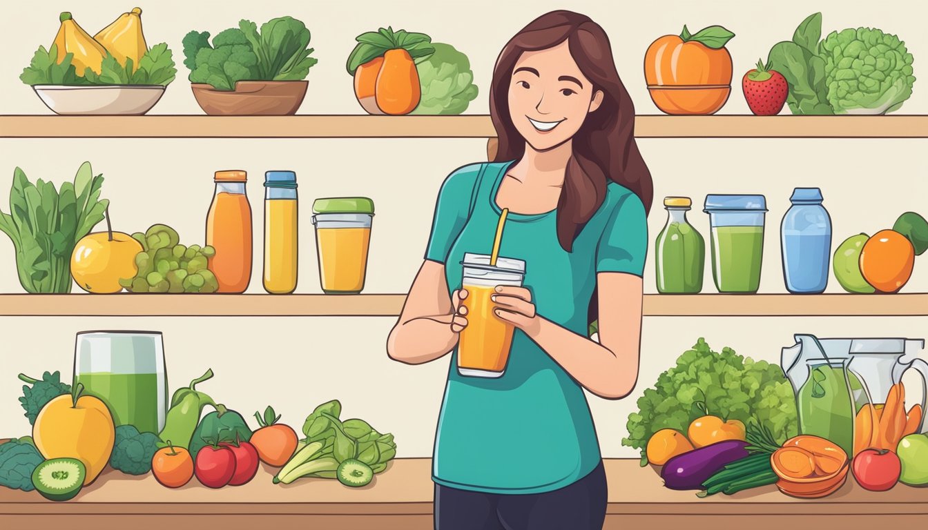 A dietician holding a low carb protein drink surrounded by fresh fruits and vegetables