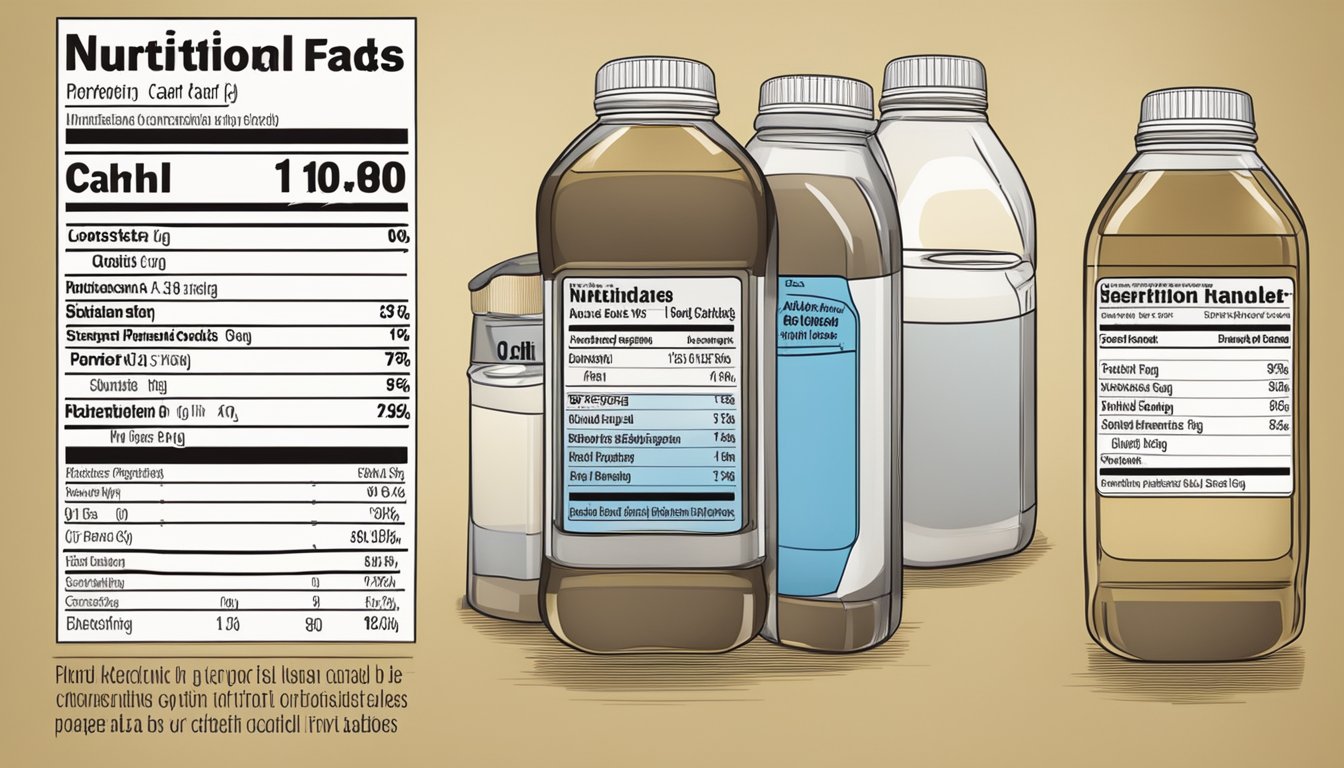 A table with various low carb protein drink bottles, accompanied by nutritional information labels