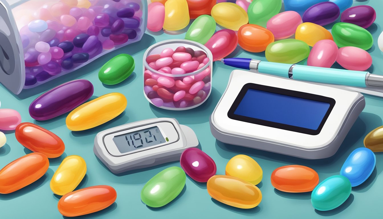 A colorful pile of jelly beans sits next to a glucose monitor and insulin pen on a kitchen counter