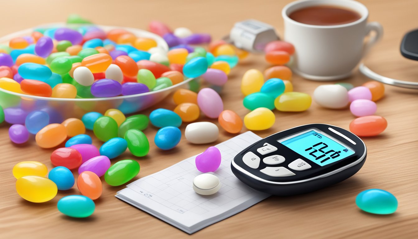 A bowl of colorful jelly beans next to a diabetes education book and a blood glucose monitor on a table