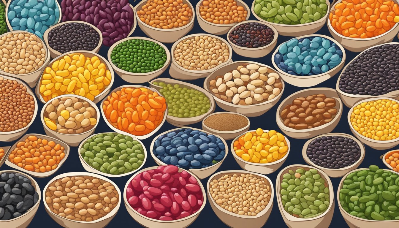 A variety of beans and legumes arranged in a colorful and appetizing display, with a small bowl of jelly beans placed separately to signify temptation and restriction