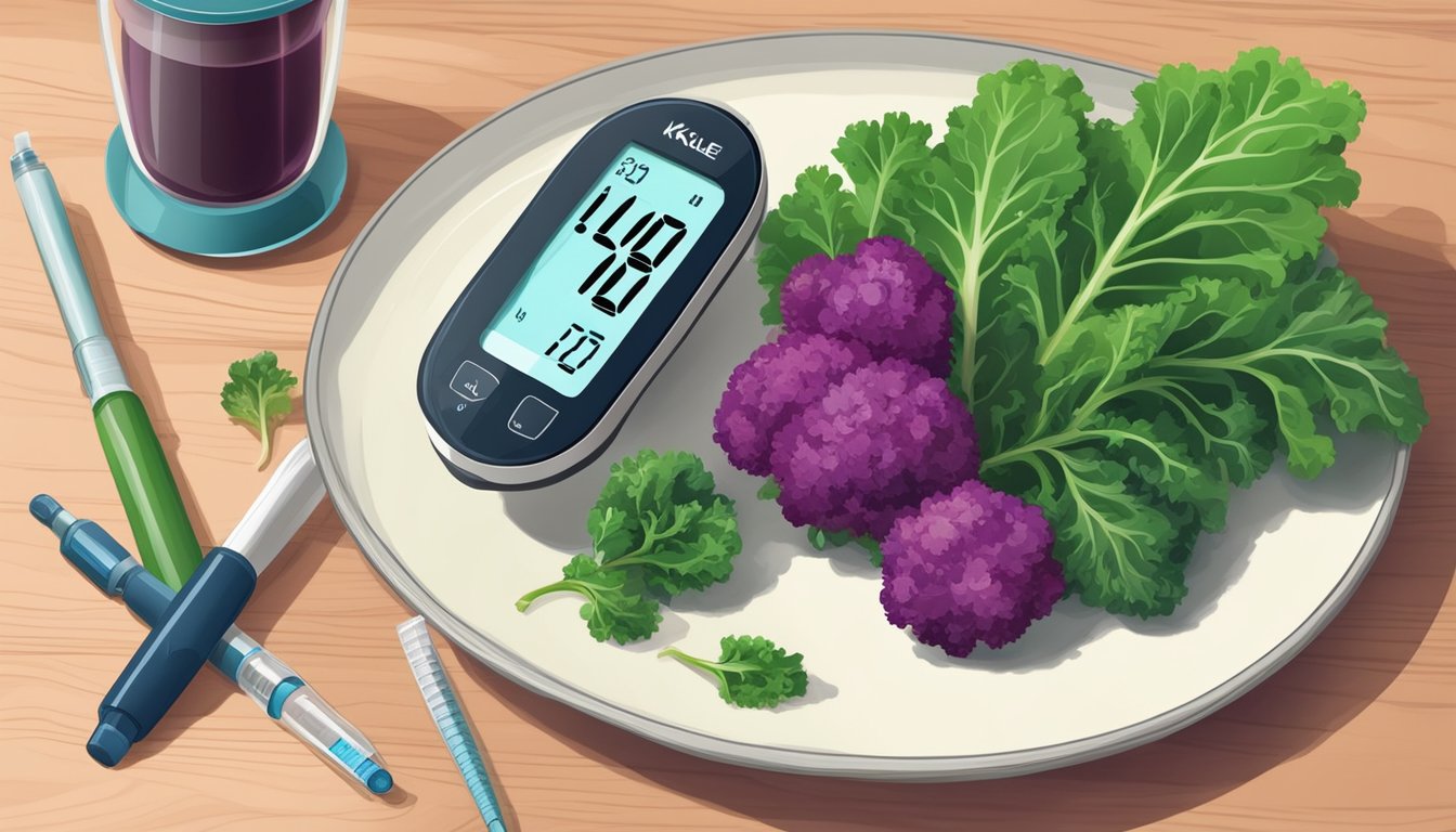 A colorful plate with fresh kale leaves, a blood sugar monitor, and an insulin syringe on a kitchen table