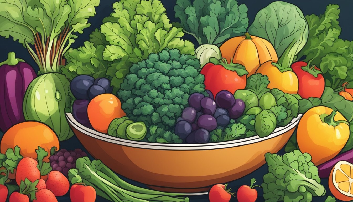 A colorful bowl of fresh kale surrounded by various fruits and vegetables, with a bright spotlight shining on the kale