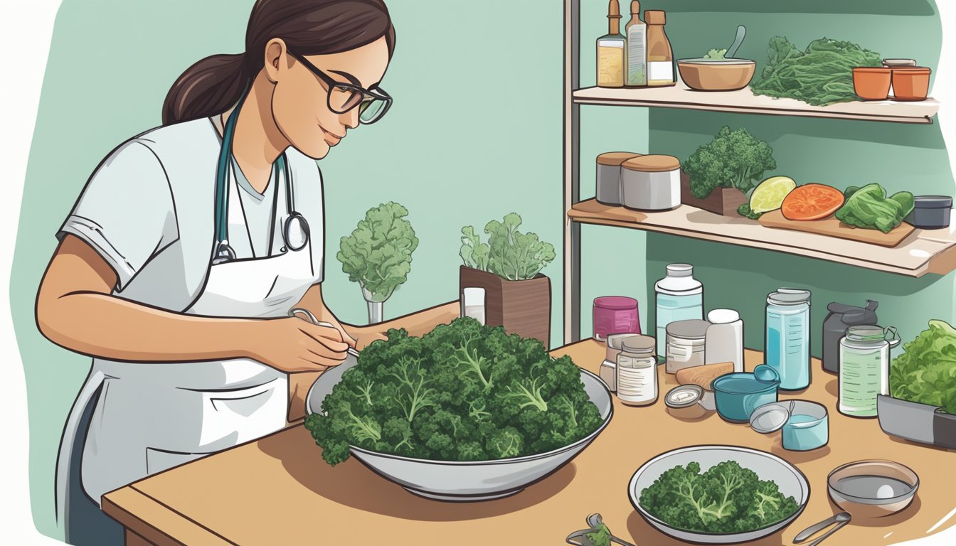 A diabetic preparing a kale salad, surrounded by medical supplies and a list of potential risks and considerations