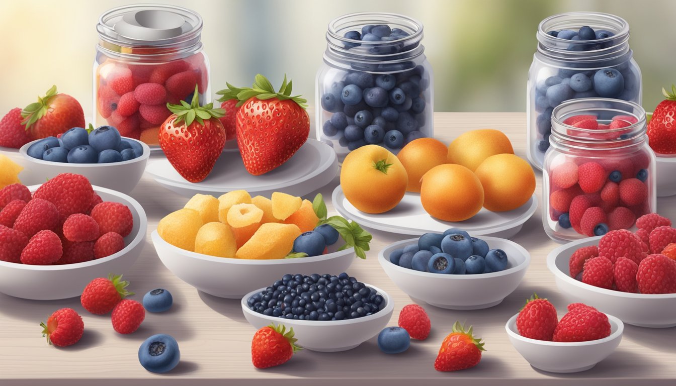 A table with a variety of low sugar fruits like strawberries, blueberries, and raspberries spread out in jars and bowls, with a diabetic-friendly label displayed prominently