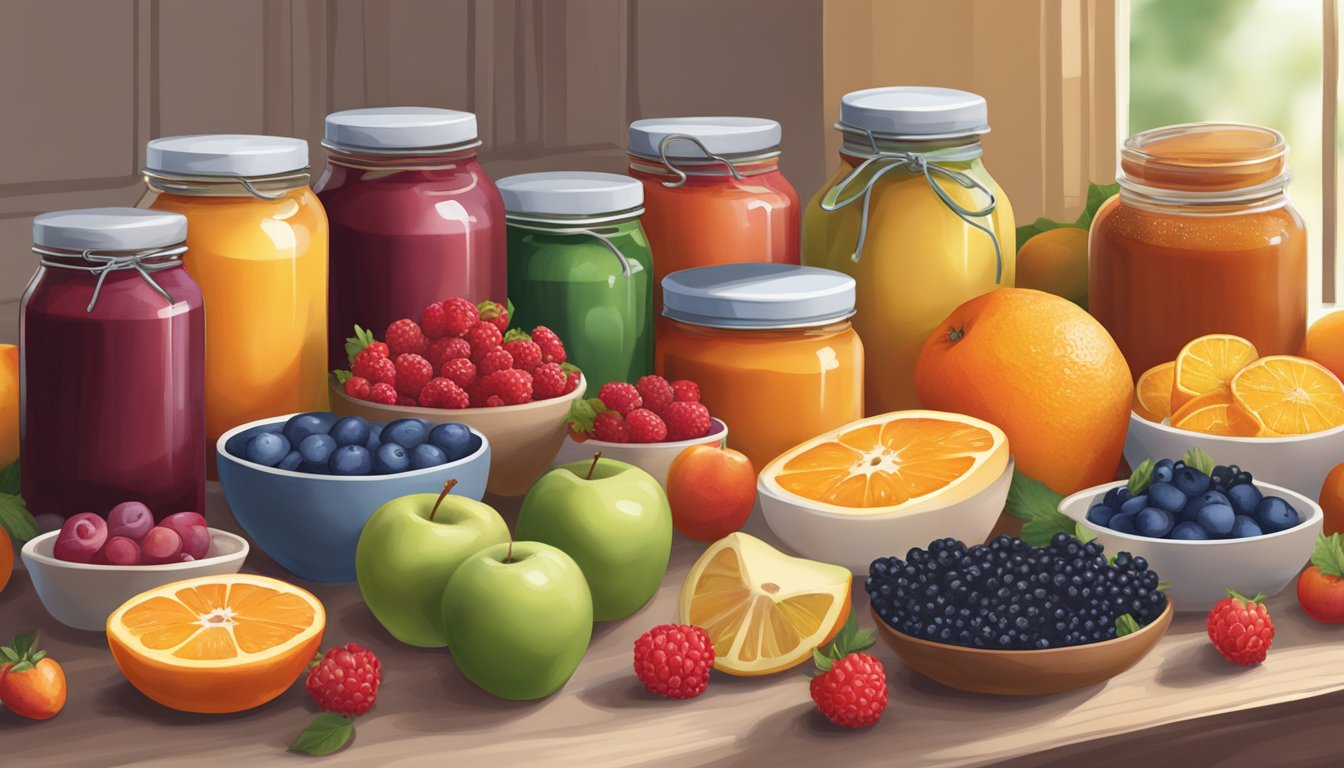 A table with various fruits like berries, apples, and oranges, alongside jars of low-sugar fruit spreads