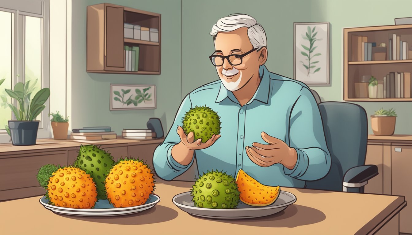 A dietician holding a kiwano fruit while discussing diabetes and nutrition with a diabetic patient