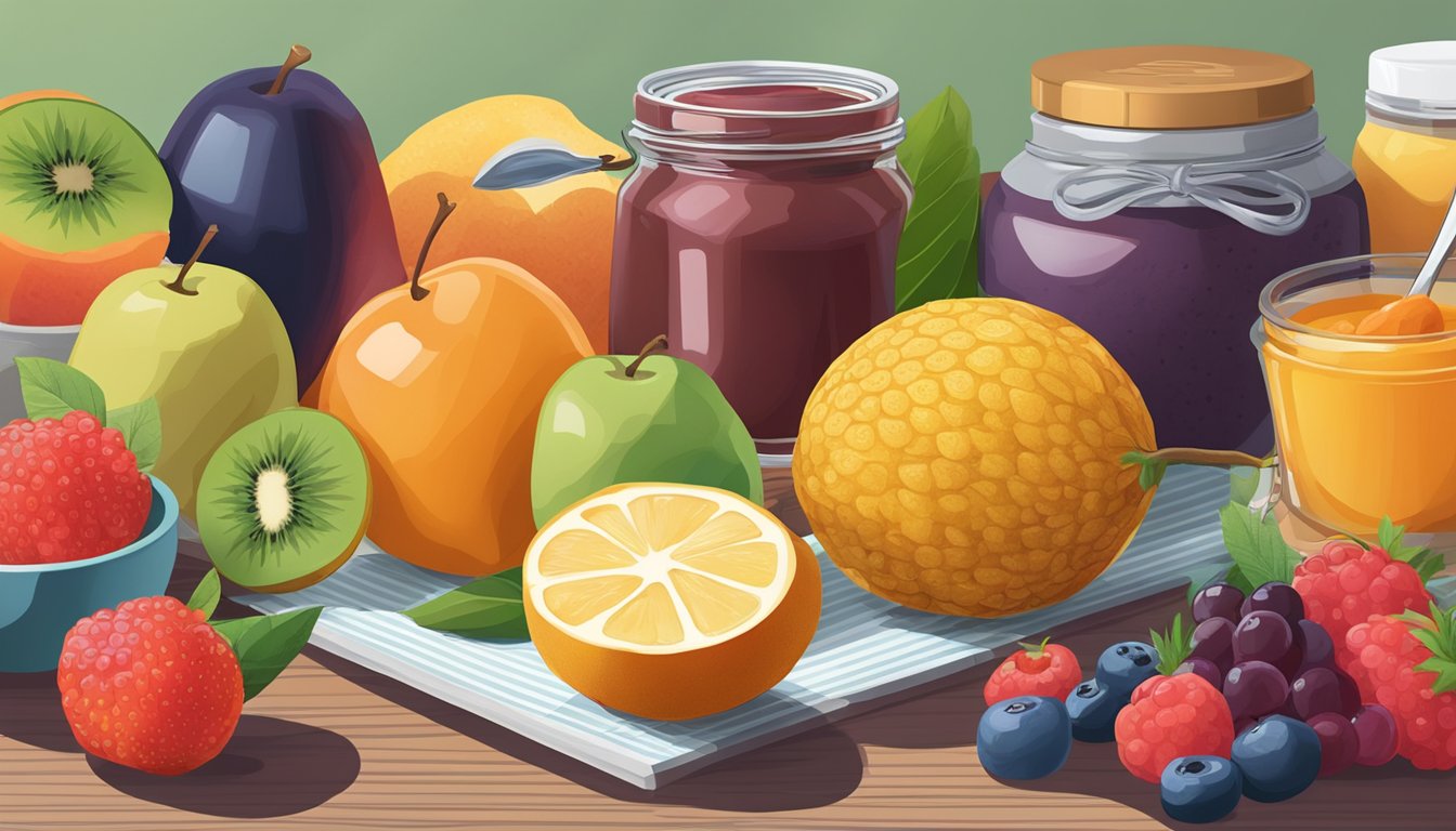 A variety of fruits arranged on a table with a jar of low sugar fruit spread next to them, emphasizing their nutritional profiles