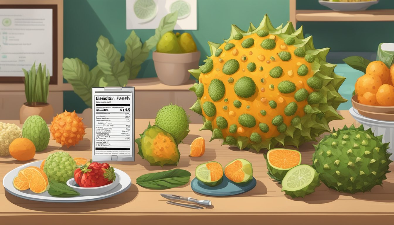 A kiwano fruit surrounded by a variety of healthy foods, with a nutrition label and a person with a diabetes monitor in the background