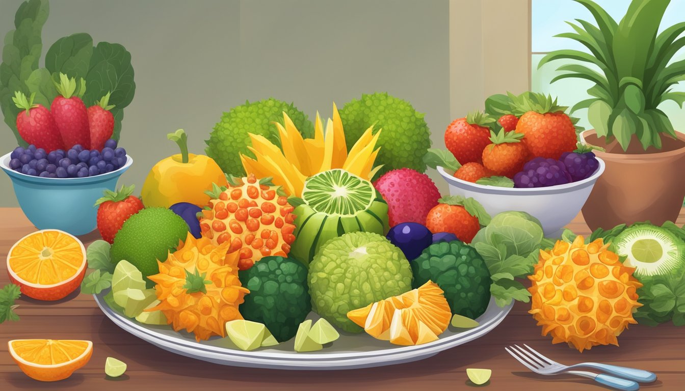 A bowl of sliced kiwano fruit surrounded by a variety of colorful fruits and vegetables, with a diabetic-friendly meal in the background