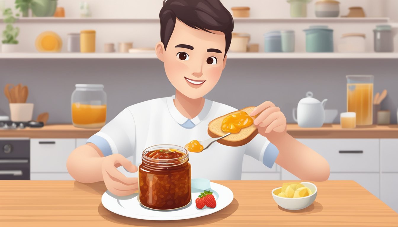 A person with diabetes spreading low sugar fruit jam on toast