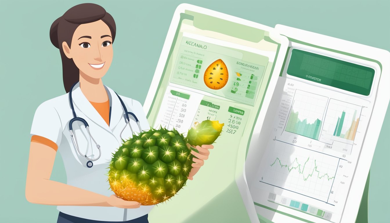 A dietician holding a kiwano fruit, with a medical chart and glucose meter in the background