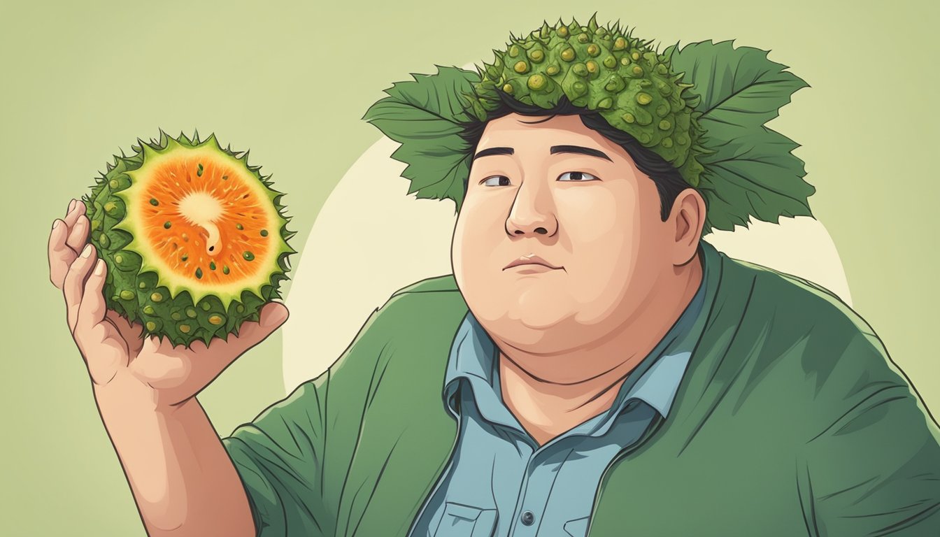 A diabetic person holding a kiwano fruit, with a question mark above their head