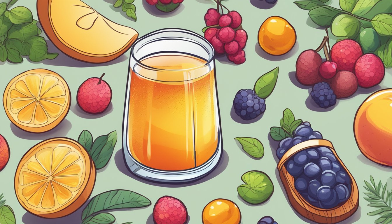 A glass of kombucha sits on a wooden table, surrounded by colorful fruits and herbs. A diabetes blood sugar monitor is placed next to it