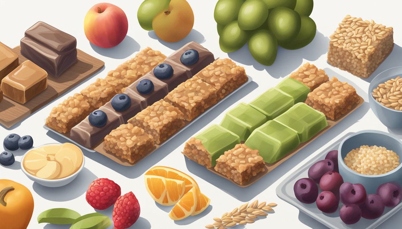 A variety of low-sugar protein bars surrounded by high-fiber foods like fruits, vegetables, and whole grains on a kitchen counter