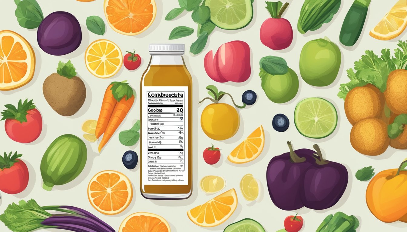 A glass of kombucha surrounded by various fruits and vegetables, with a nutritional label and a glucometer nearby