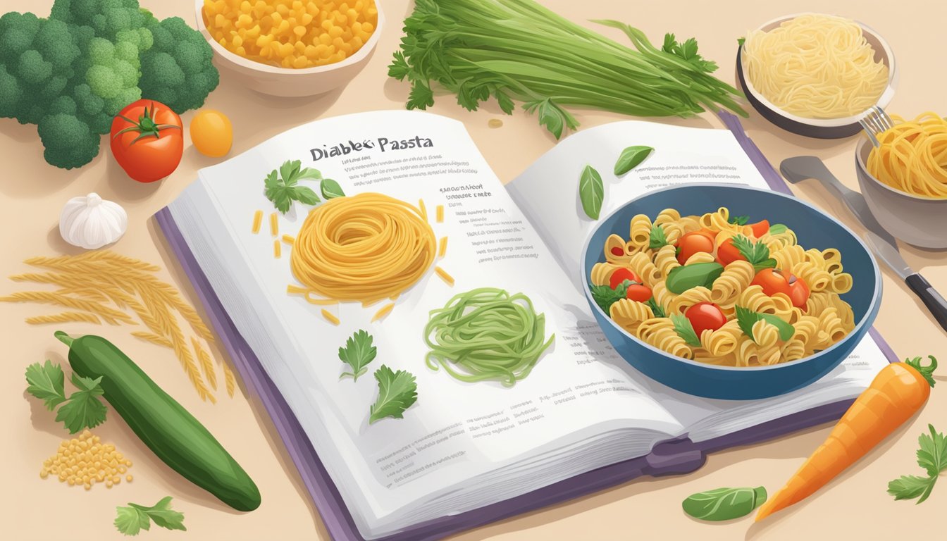 A kitchen counter with colorful vegetables, whole grain pasta, and a diabetes-friendly pasta recipe book open to a page with a healthy pasta dish