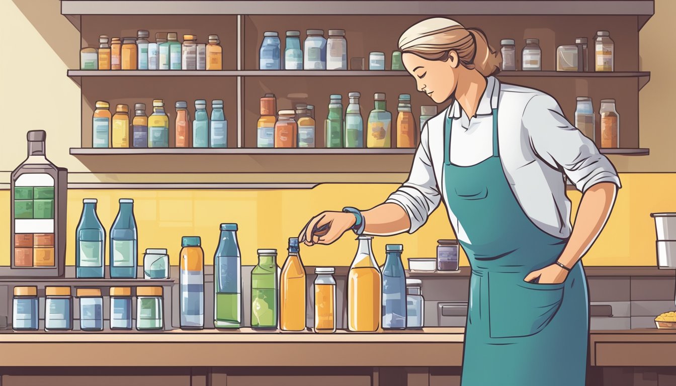 A dietician pours kombucha into a glass next to a diabetes medication bottle, with a caution sign in the background