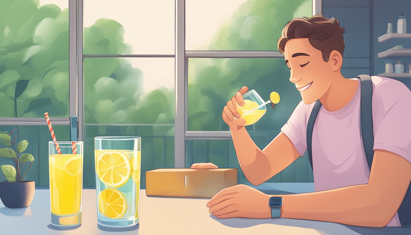 A person with diabetes enjoying a glass of lemonade while monitoring their blood sugar levels with a glucose meter