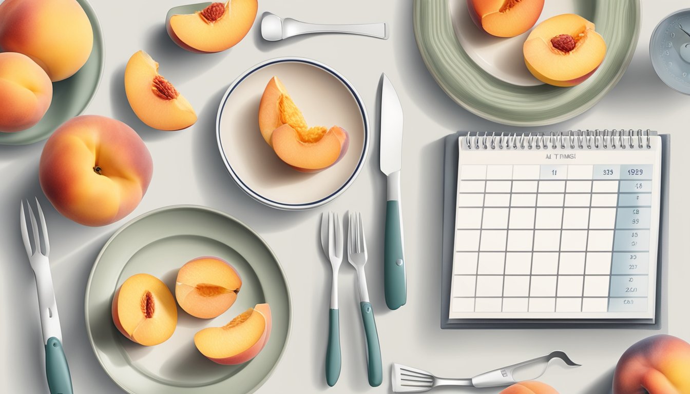 A plate with a sliced peach and measuring tools, next to a calendar with meal times marked