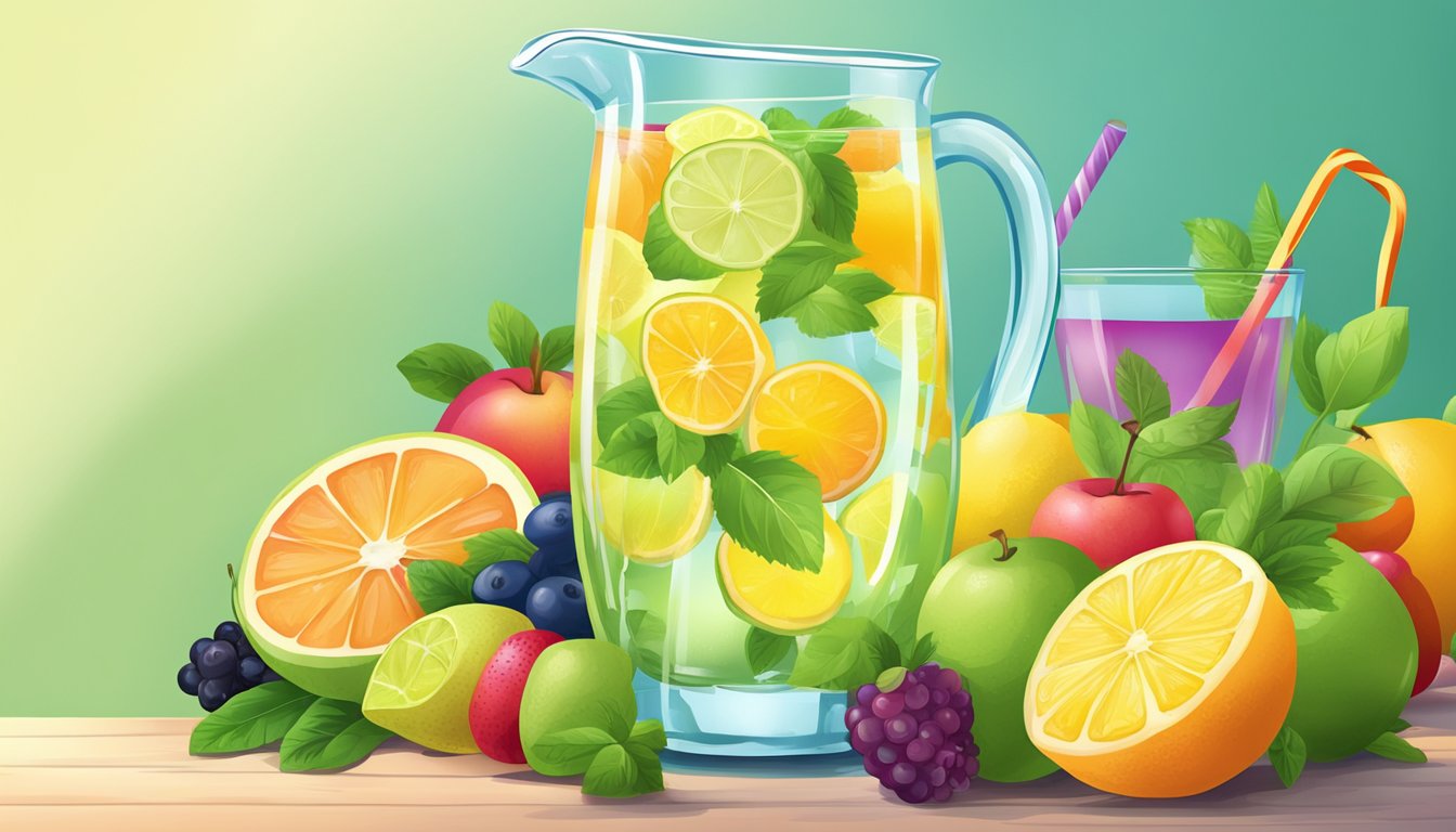 A glass of freshly squeezed lemonade surrounded by a variety of colorful fruits and vegetables, with a pitcher of water in the background