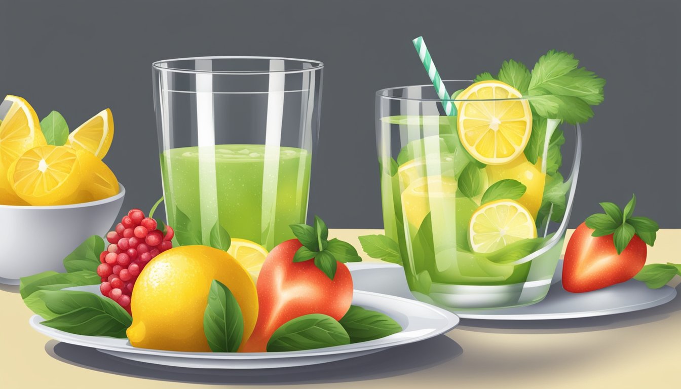 A glass of sugar-free lemonade next to a plate of fresh fruit and vegetables