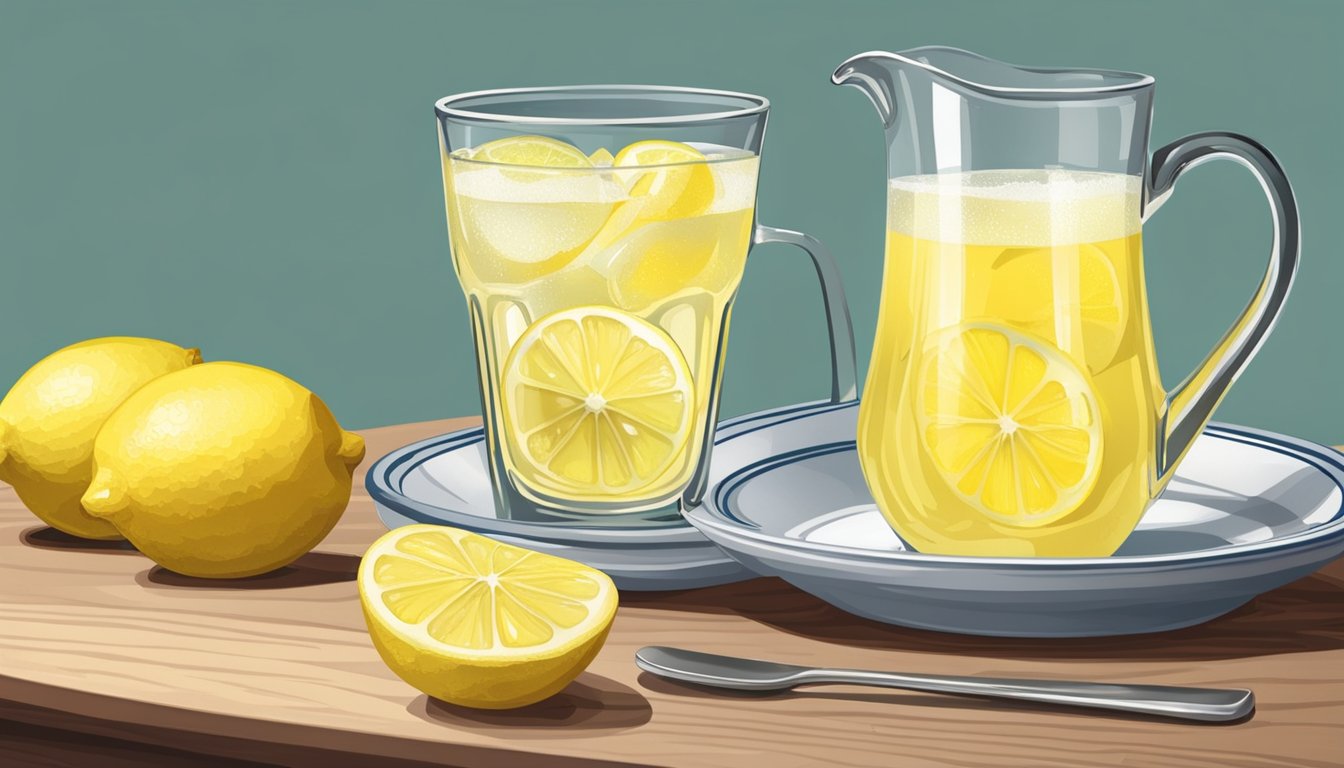 A glass of freshly squeezed lemonade sits on a table next to a plate of sliced lemons and a pitcher of sugar-free sweetener