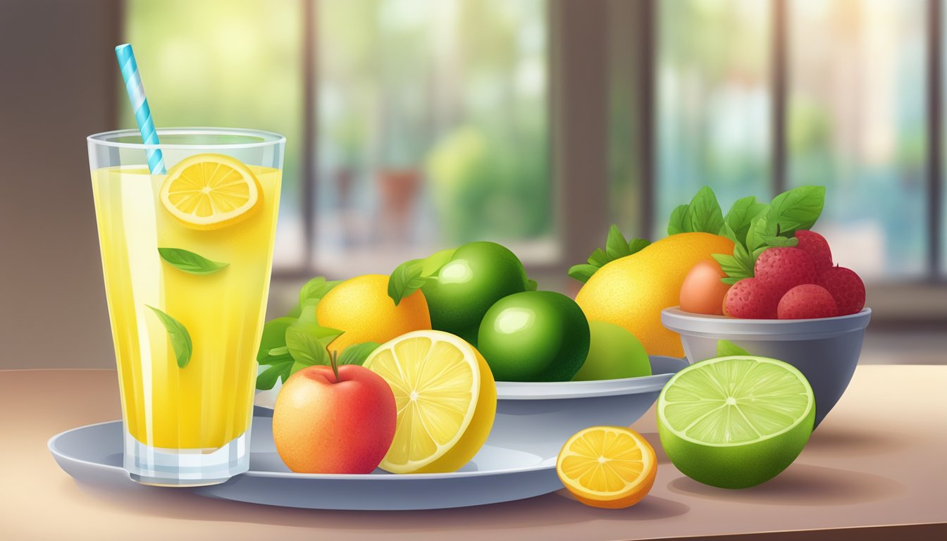 A glass of sugar-free lemonade next to a plate of fresh fruits and vegetables on a table