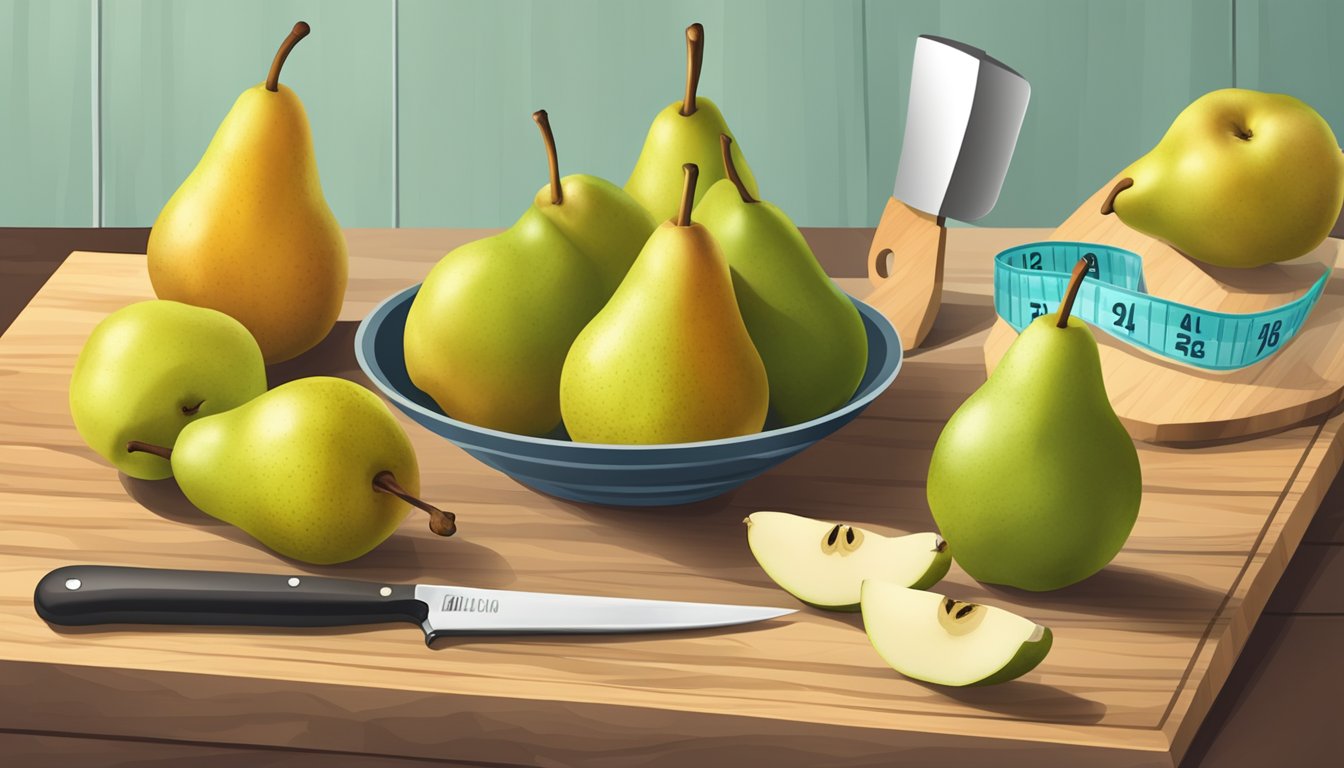 A colorful assortment of ripe pears arranged on a wooden cutting board, with a knife and a nutrition label nearby