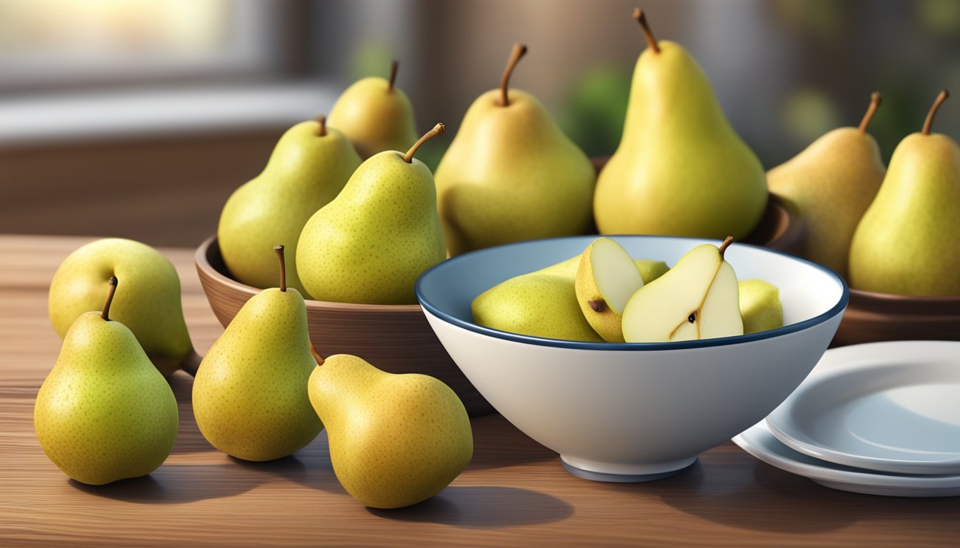 A bowl of fresh pears on a wooden table, with a diabetic-friendly meal in the background