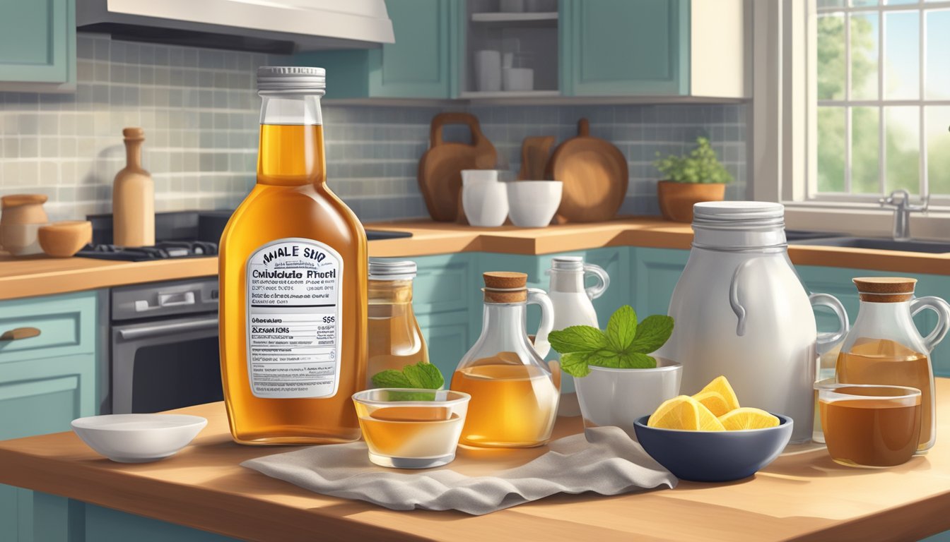 A diabetic-friendly kitchen scene with a bottle of maple syrup next to a variety of alternative sweeteners like stevia, monk fruit, and erythritol