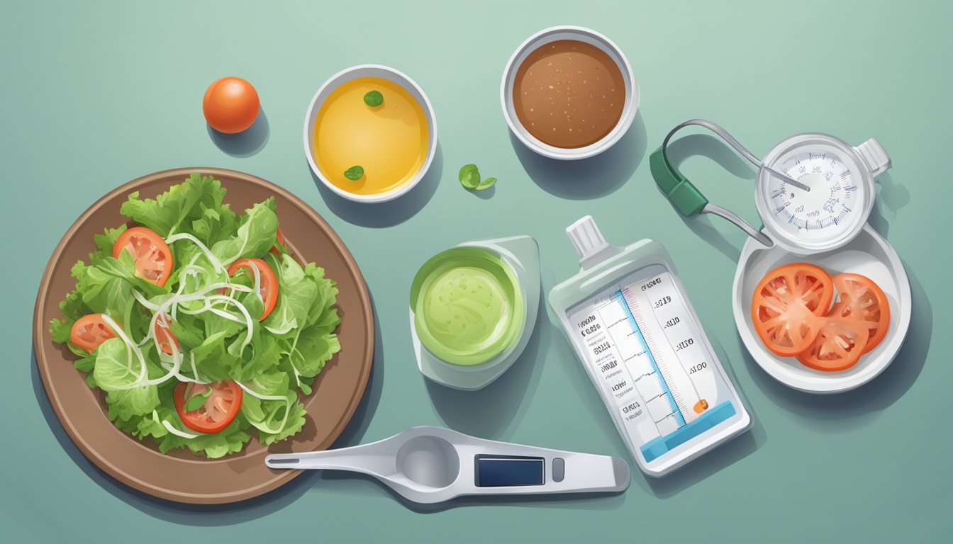 A plate with a small portion of salad topped with a light dressing, next to a measuring cup and a diabetes monitoring kit