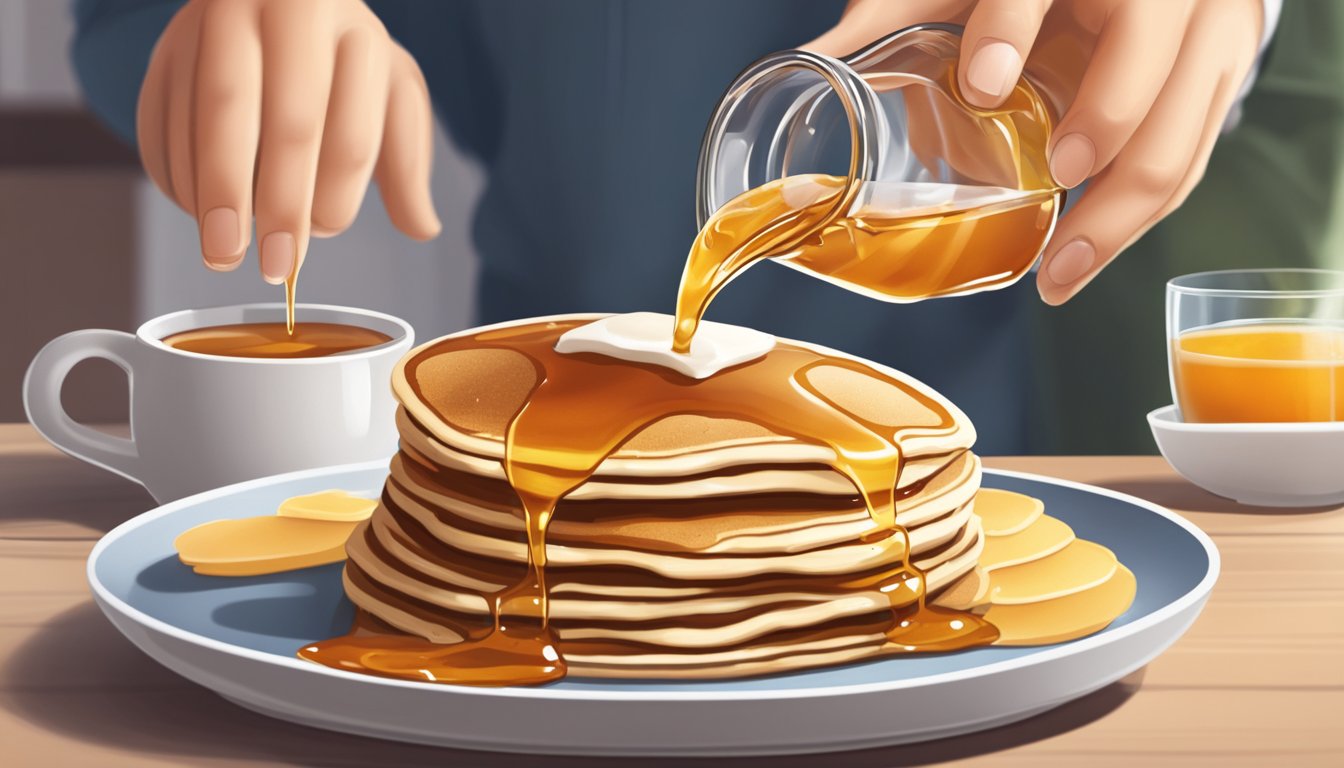 A diabetic carefully pouring maple syrup onto a stack of whole grain pancakes at a well-lit breakfast table