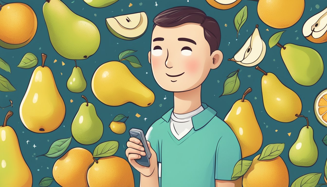 A diabetic person enjoying a juicy pear, surrounded by myth-busting symbols and common misconceptions about diabetes