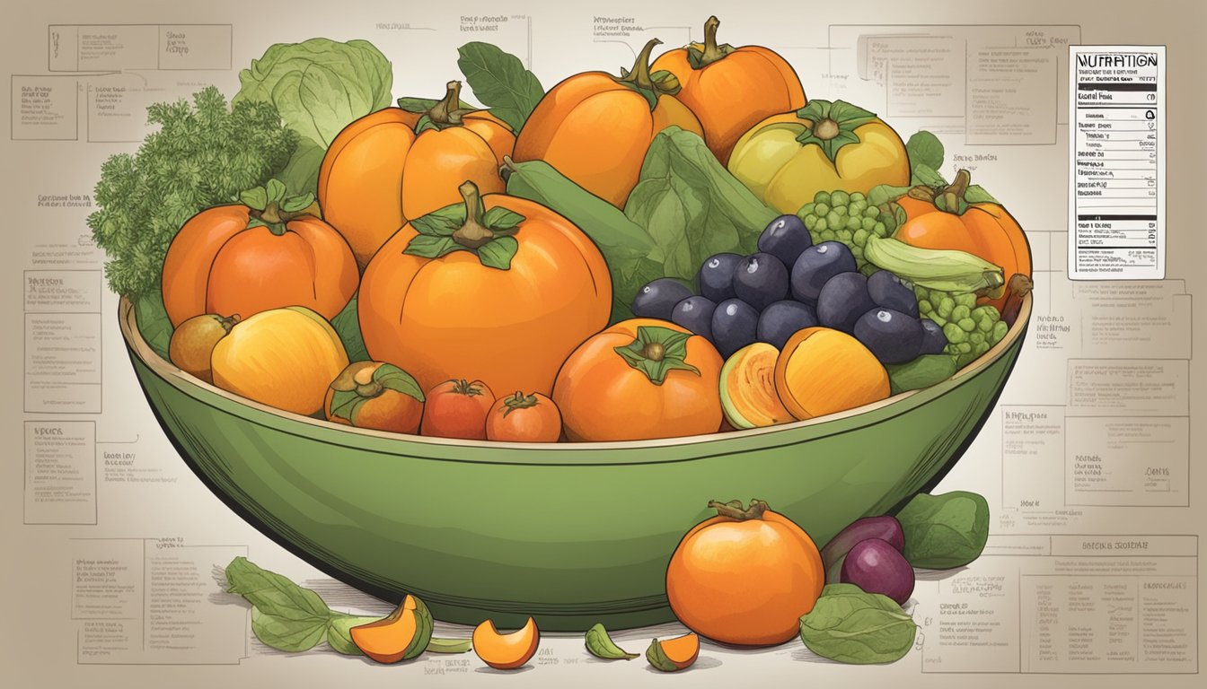 A bowl of ripe persimmons surrounded by a variety of fruits and vegetables, with a nutrition label displayed prominently