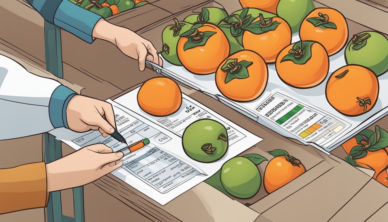 A diabetic carefully selecting persimmons, with a nutrition label and insulin pen nearby