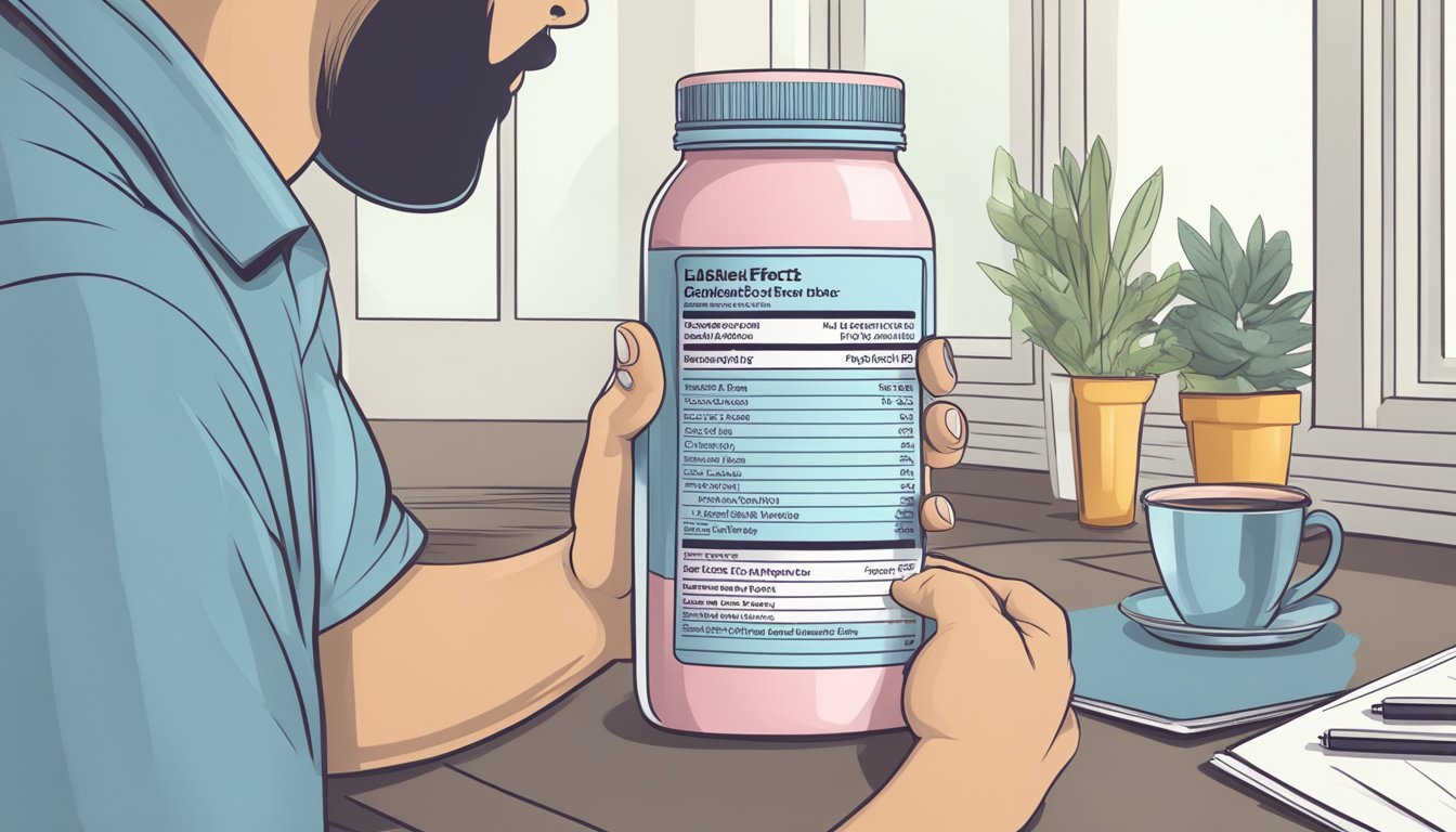 A diabetic person holding a meal replacement shake with a safety label and a list of side effects