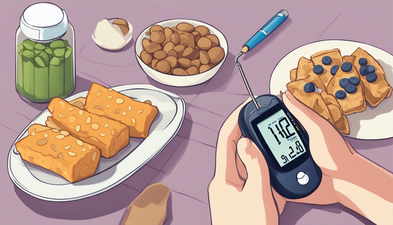 A person with diabetes enjoys a low carb snack bar while checking their blood sugar levels with a glucose meter nearby