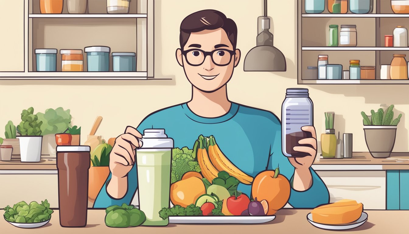 A person with diabetes holding a meal replacement shake, surrounded by various healthy food items and a blood glucose monitor