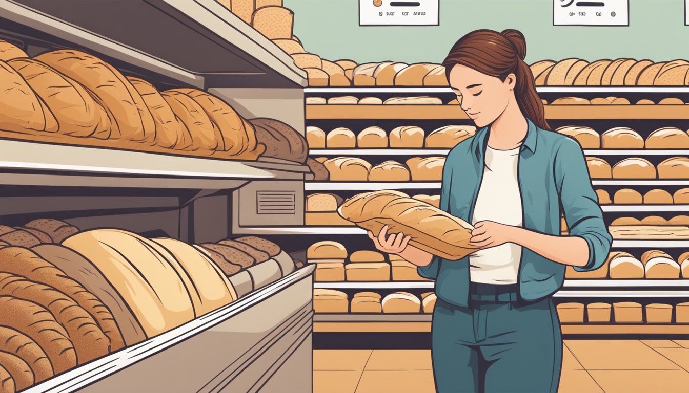 A person comparing different types of bread, including whole grain and multigrain loaves, while reading nutritional labels