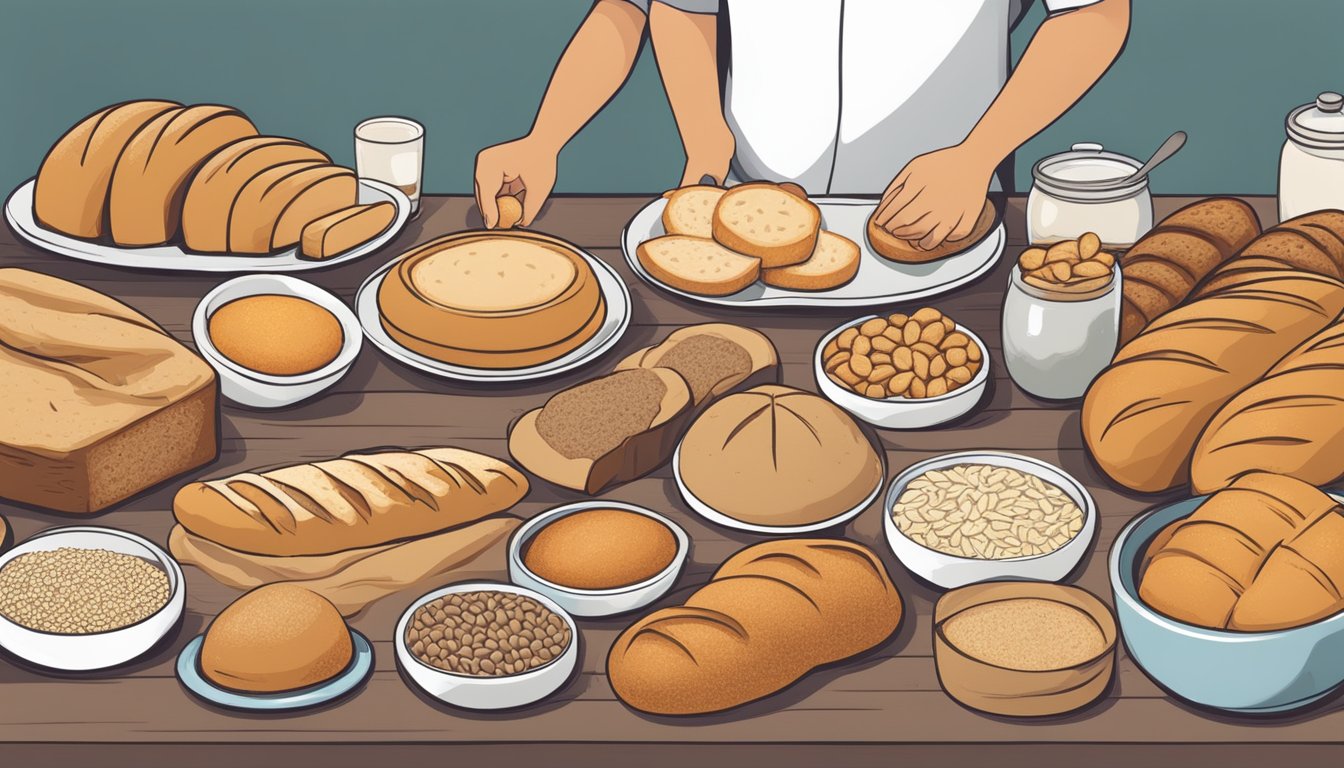 A table spread with various types of bread, including multigrain and alternative options, with a diabetic person considering their choices