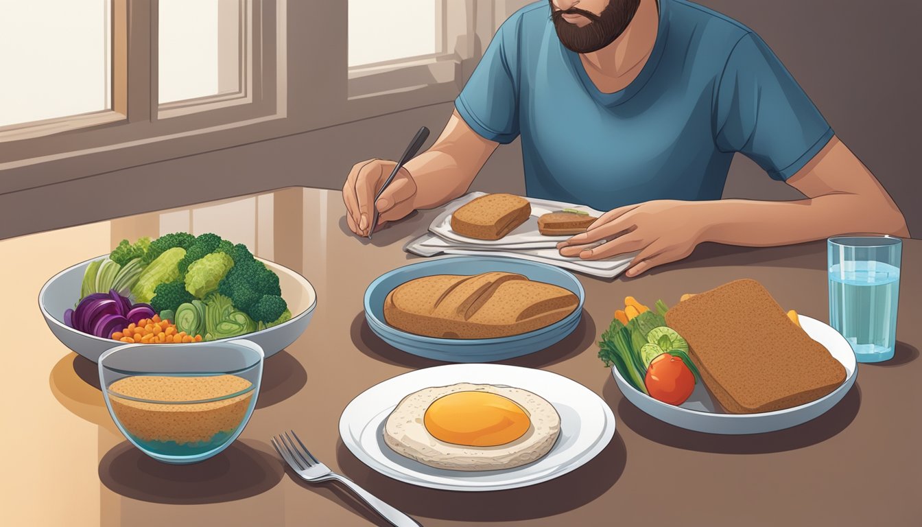 A diabetic person sitting at a table with a plate of multigrain bread, a variety of colorful vegetables, and a glass of water