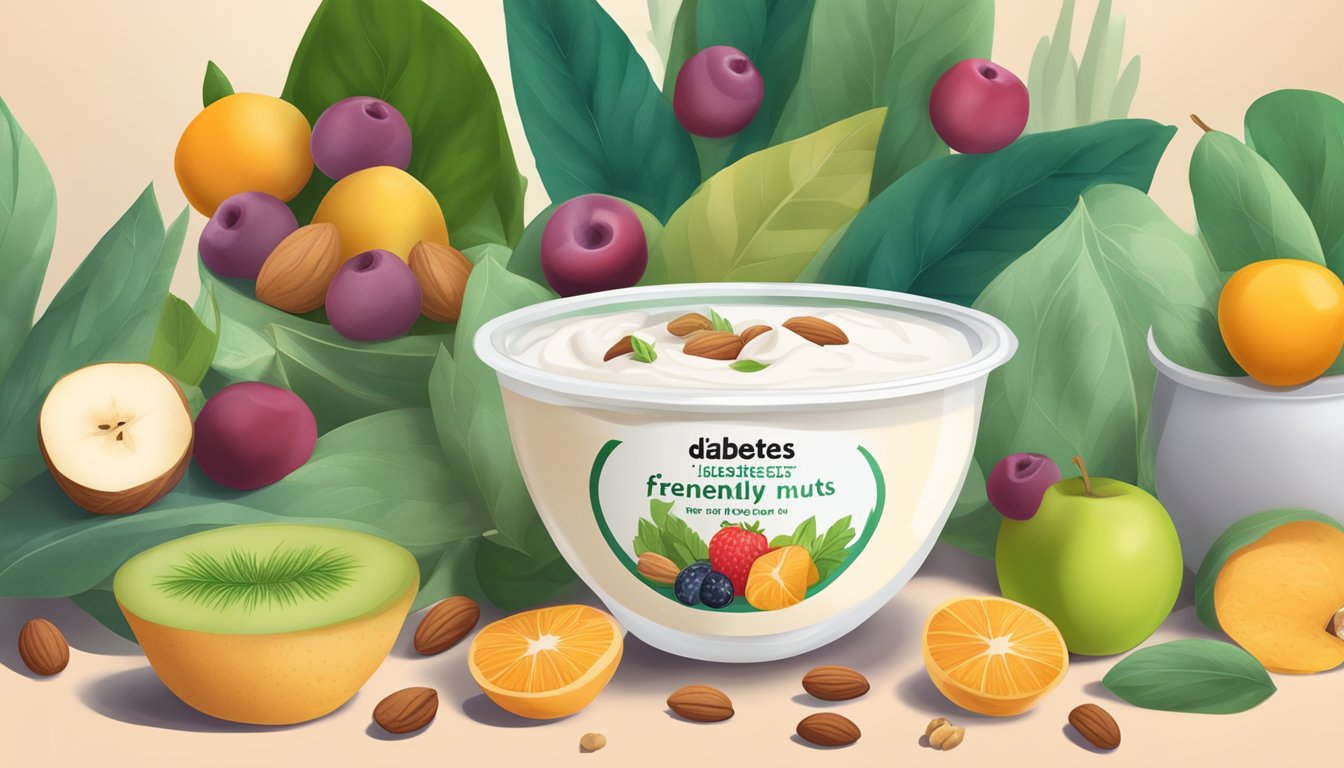 A bowl of plant-based yogurt surrounded by various fruits and nuts, with a diabetes-friendly label in the background