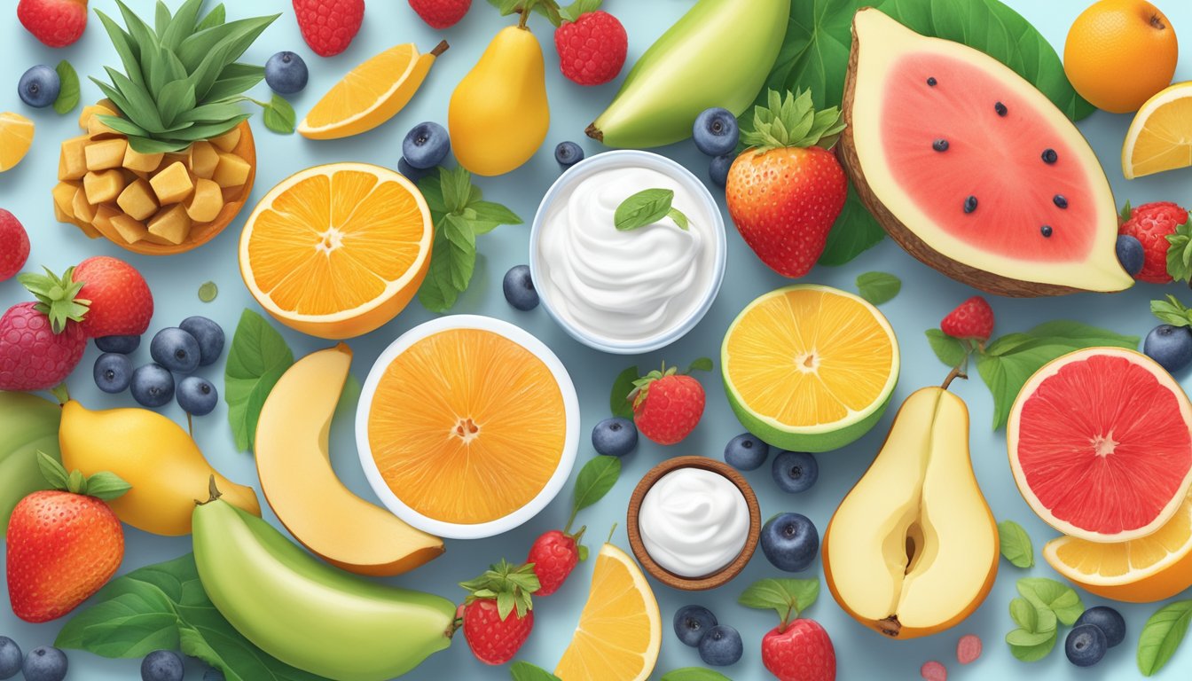 A colorful array of fresh fruits and natural sweeteners surrounding a bowl of plant-based yogurt, emphasizing the importance of low-sugar options for diabetics