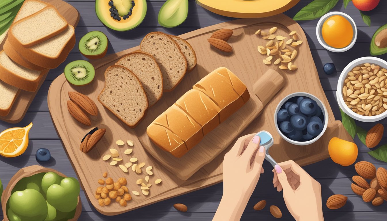 A person with diabetes enjoying a variety of smart snacks, including multigrain bread, nuts, and fresh fruits on a wooden cutting board